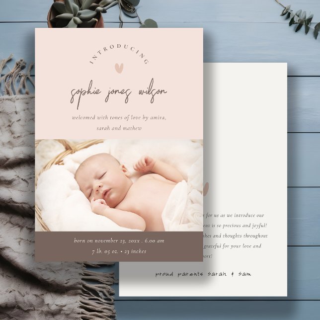 Pink Minimal Heart Script Foto Geburtsankündigung Dankeskarte (Von Creator hochgeladen)