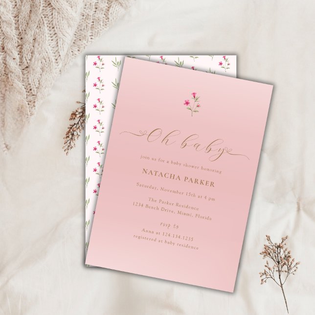 Pink Minimal Wildblume Kinderdusche Einladung (Pink Minimal Wildflower Baby Shower Invitation)