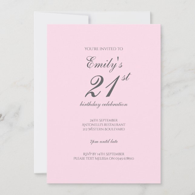Pink Minimalist 21st Birthday Party Invitation Einladung (Vorderseite)