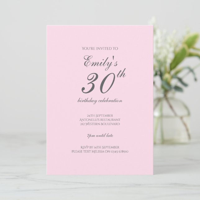Pink Minimalist 30th Birthday Party Invitation Einladung (Stehend Vorderseite)