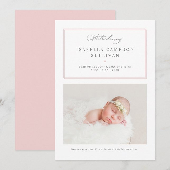 Pink Minimalistisch Borders Script Foto Baby Birth Ankündigung (Vorne/Hinten)