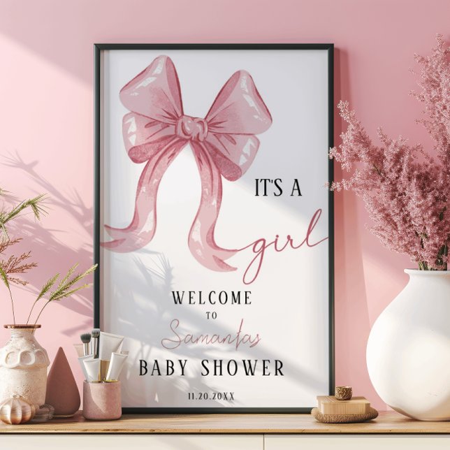 Pink Minimalistisch Elegant Bow Girl Babydusche Poster (Von Creator hochgeladen)