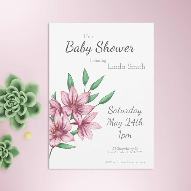 Pink Minimalistisch Floral Girl Babydusche Einladung (Von Creator hochgeladen)