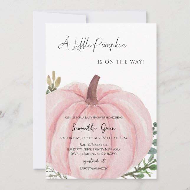 Pink Minimalistisch Pumpkin Baby Dusche Einladung (Vorderseite)