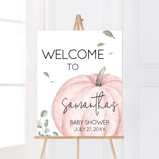 Pink Minimalistisch Pumpkin Baby Dusche Willkommen Poster (Watercolor Pumpkin Baby Shower Welcome Sign)