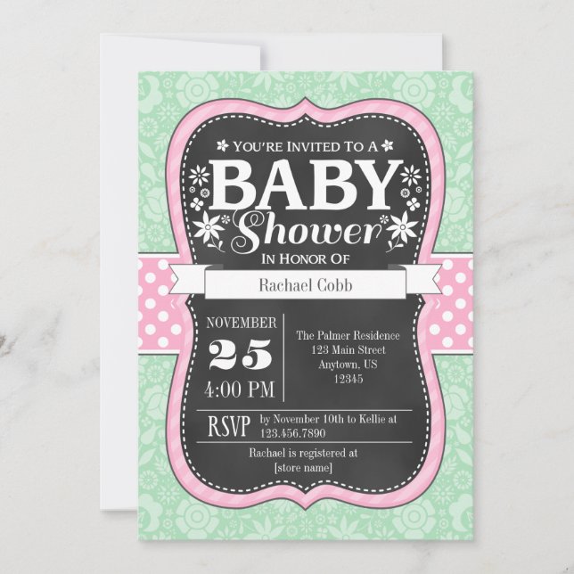Pink Mint Chalkboard Floral Baby Dusche einladen Einladung (Vorderseite)