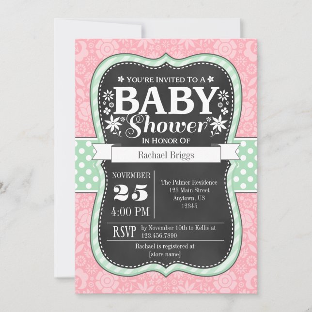 Pink Mint Chalkboard Floral Baby shower Invitation (Devant)