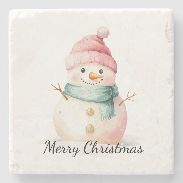 Pink Mint Christmas Snowman Steinuntersetzer (Vorderseite)