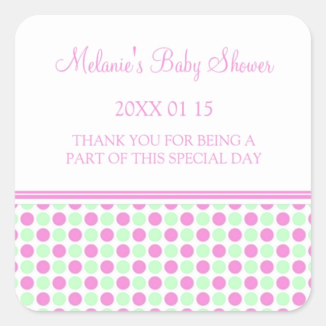 Pink Mint Dots Baby Dusche Pflegeaufkleber Quadratischer Aufkleber (Vorderseite)
