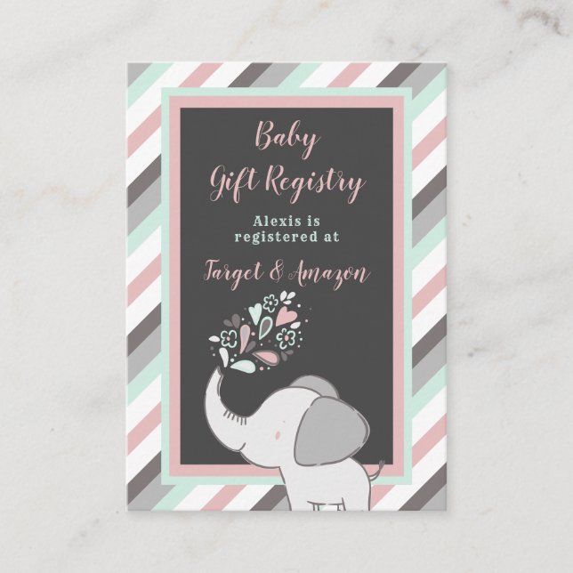 Pink & Mint Elephant Baby Dusche Registrierung Begleitkarte (Vorderseite)