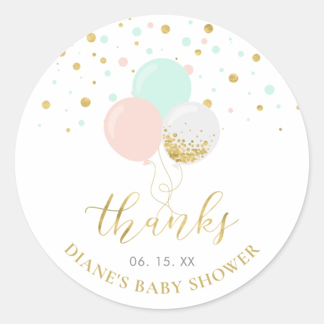 Pink, Mint & Gold Balloons Baby Dusche Gefallen Runder Aufkleber (Vorderseite)