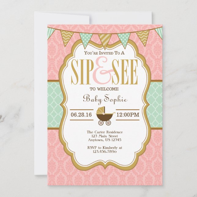 Pink Mint Gold Sip Et Voir Invitation (Devant)