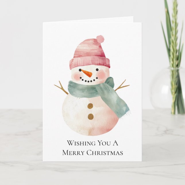 Pink Mint Green Christmas Snowman Karte (Vorderseite)