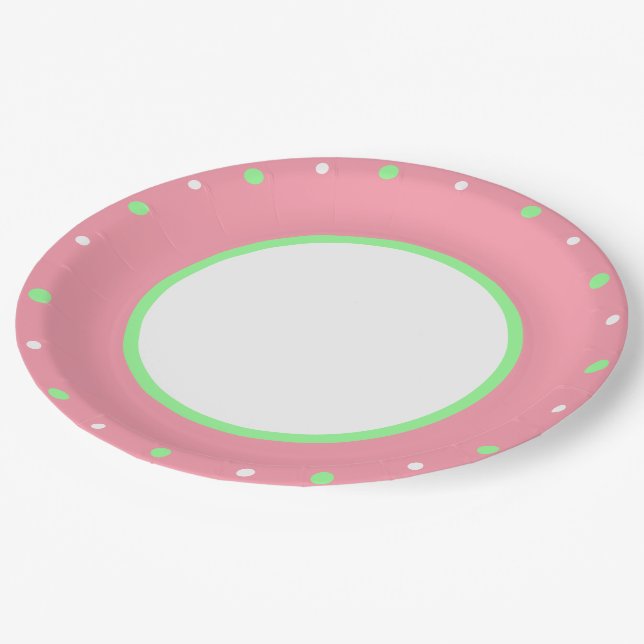 Pink Mint Green Polka Dots Pappteller (Schrägansicht)