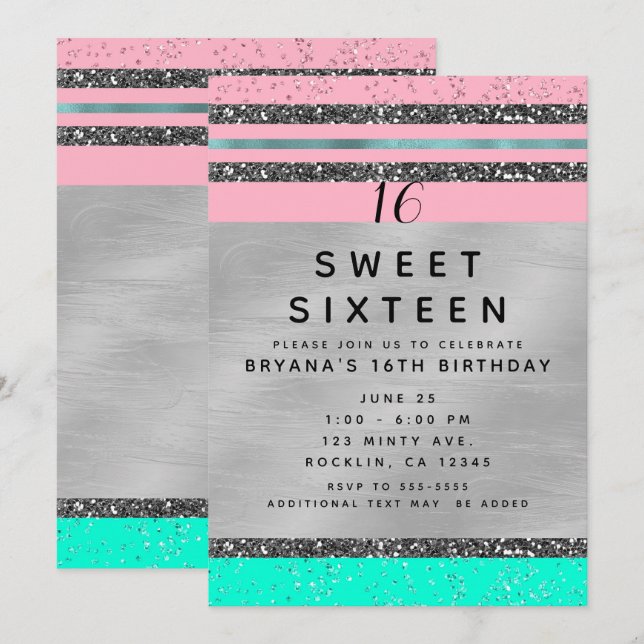 Pink Mint Green & Silver Glitzer Sweet 16 Party Einladung (Vorne/Hinten)