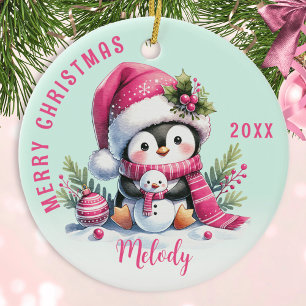 Pink Mint Mit Monogramm Frohe Weihnachten Niedlich Keramik Ornament