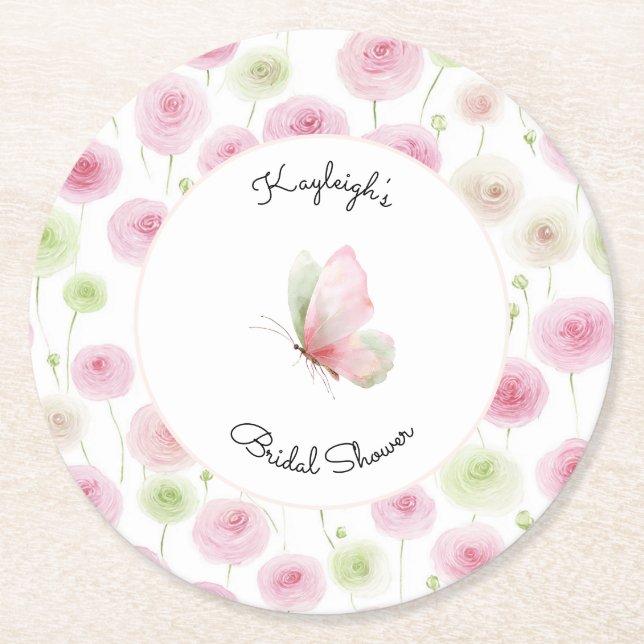 Pink Mint Ranunculus Floral Bridal Shower  Runder Pappuntersetzer (Vorderseite)