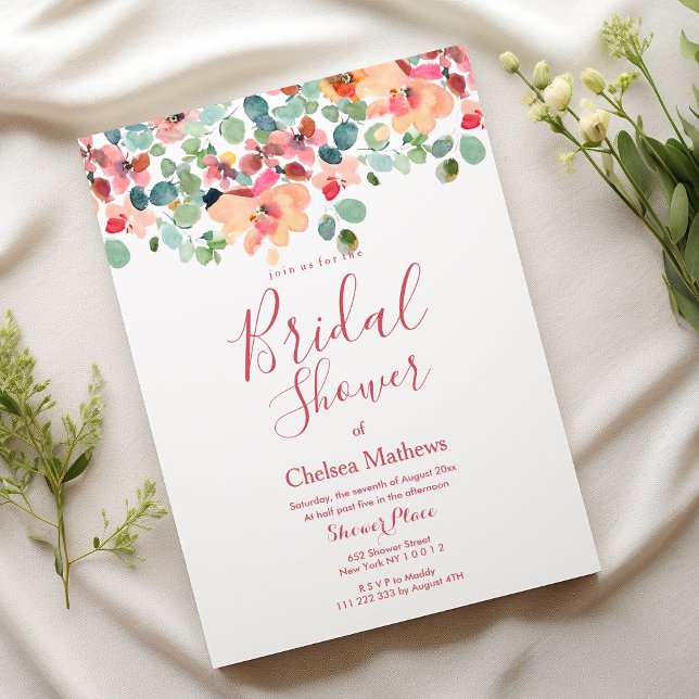 Pink mint red coral garden rose Bridal Shower  Einladung (Pink mint red coral garden rose Bridal Shower)