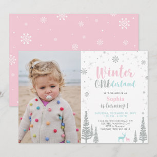 Pink & Mint   Winter Onederland Mädchen 1. Geburts Einladung