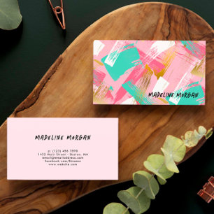 Pink Minze Imitate Gold Pinselstriche Abstrakt Visitenkarte