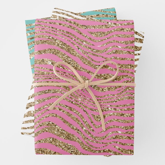 Pink Minze White Gold Imitats Glitzer Zebra Geschenkpapier Set (Beispiel)