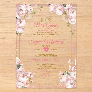 Pink Mis Quince Crown Gold Quinceñera Butterfly Acryleinladungen