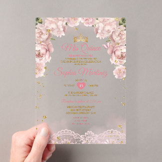 Pink Mis Quince Crown Gold Quinceñera Butterfly Acryleinladungen