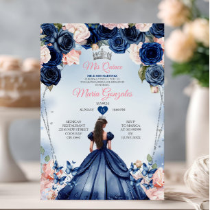 Pink Mis Quince Navy Blumenkrone Quinceañera Einladung