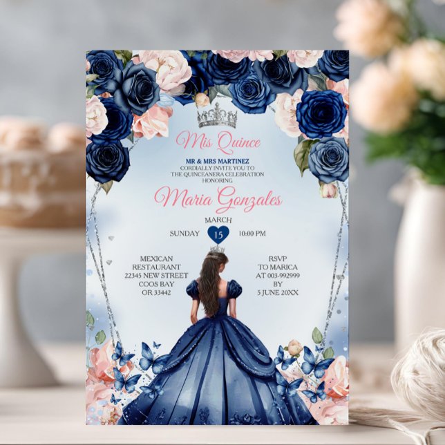 Pink Mis Quince Navy Blumenkrone Quinceañera Einladung (Von Creator hochgeladen)
