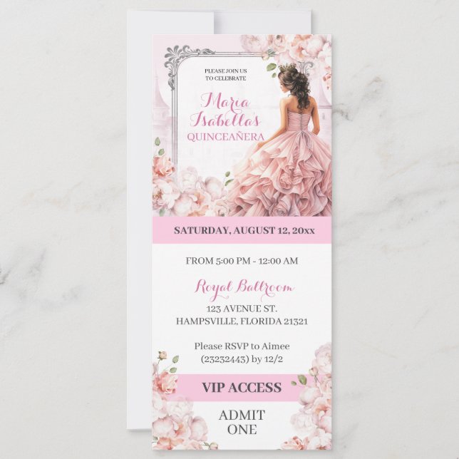 Pink Mis Quinceanera VIP Zugang Einladung (Vorderseite)