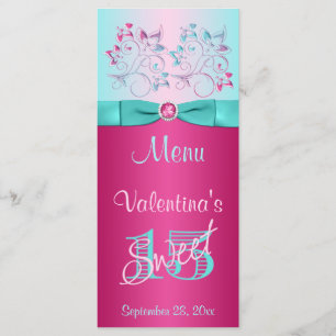 Pink mit DRUCKBOW, Aqua Floral Sweet 15 Menü-Karte Menükarte