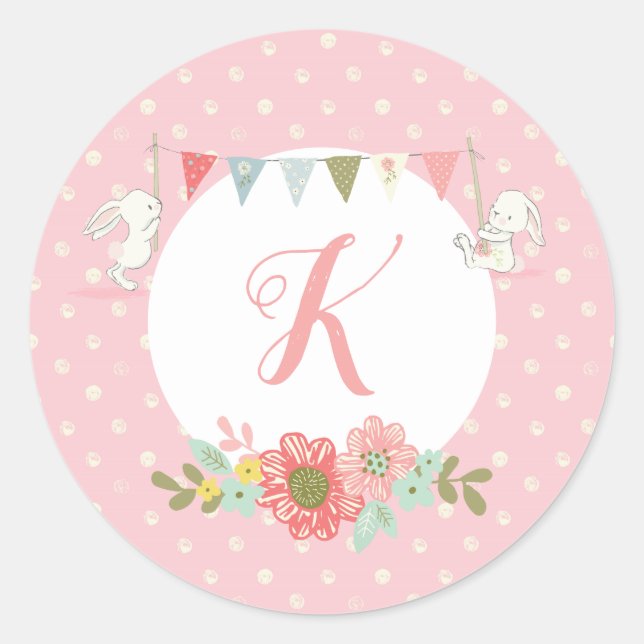 Pink Mit Monogramm Bunny Runder Aufkleber (Vorderseite)