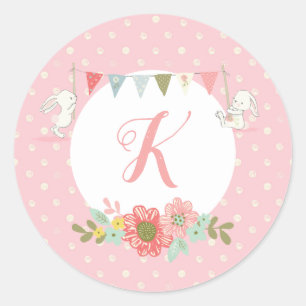 Pink Mit Monogramm Bunny Runder Aufkleber
