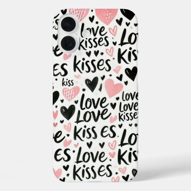 PINK MIT SCHWARZER LIEBE UND HERZEN iPhone 16 PLUS HÜLLE (Rückseite)