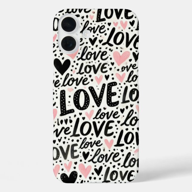 PINK MIT SCHWARZER LIEBE UND HERZEN iPhone 16 PLUS HÜLLE (Rückseite)