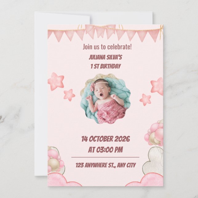 Pink Modern 1St Birthday Party Invitation (Devant)