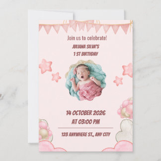 Pink Modern 1St Birthday Party Invitation Einladung