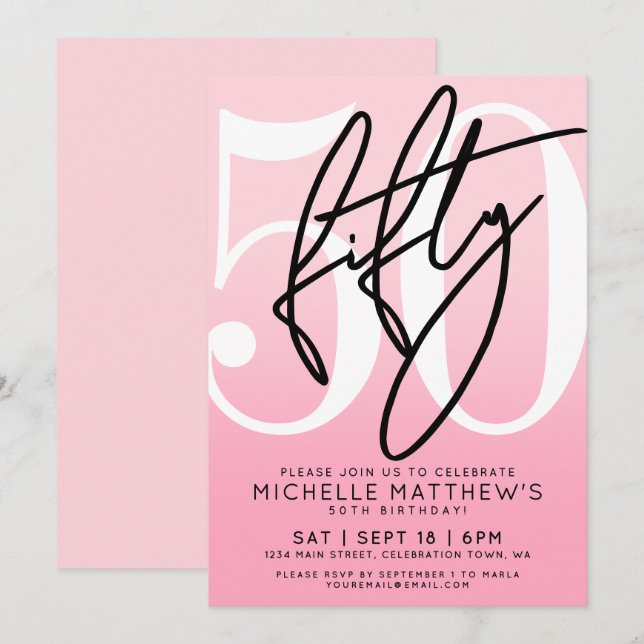 Pink Modern 50th Birthday Einladung (Vorne/Hinten)