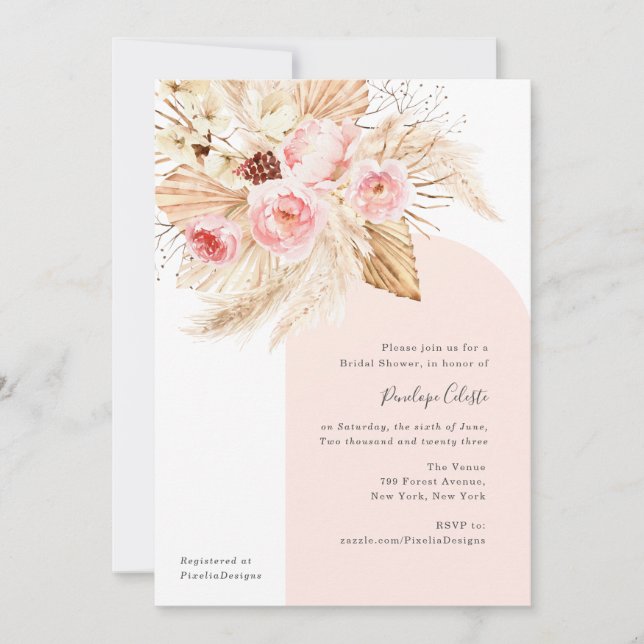Pink Modern Arch Boho Floral Pampas Brautparty Einladung (Vorderseite)