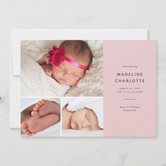 Pink Modern Baby Girl Multi-Foto Birth Ankündigung (Vorderseite)