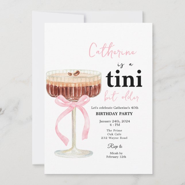 Pink Modern Bow Coffee Cocktail Birthday Einladung (Vorderseite)