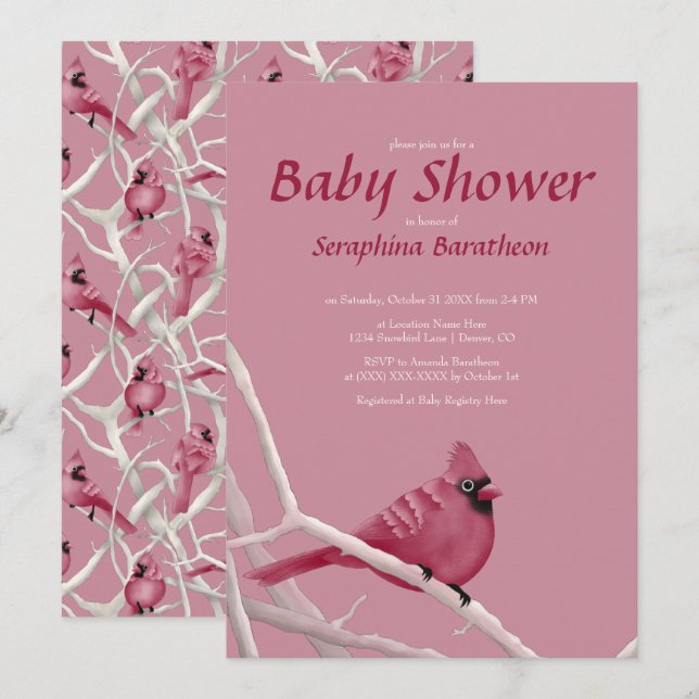 Pink Modern Christmas Kardinal Bird Baby Dusche Einladung (Vorne/Hinten)