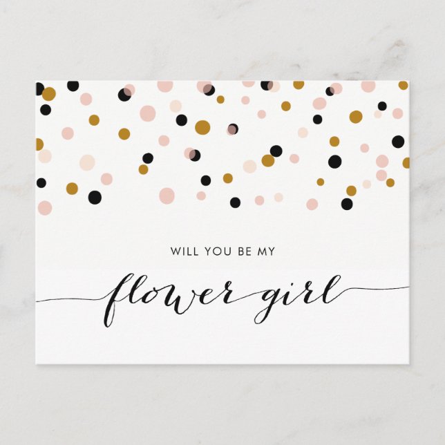 Pink Modern Confetti wirst du mein Blumenmädchen s Einladungspostkarte (Vorderseite)