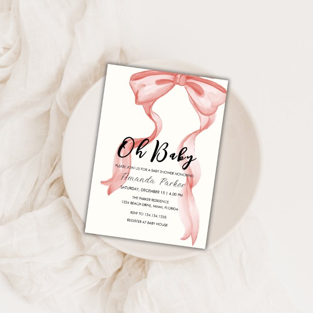 Pink Modern Elegante Bow Girl Babydusche Einladung (Pink Modern Elegant Bow Girl Baby Shower Invitation)