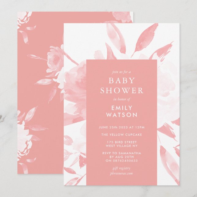 Pink Modern Floral Watercolor Babydusche Einladung (Vorne/Hinten)