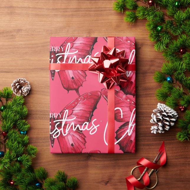Pink Modern Frohe Weihnachtsbutterfly Geschenkpapier (Feiertagsgeschenk)