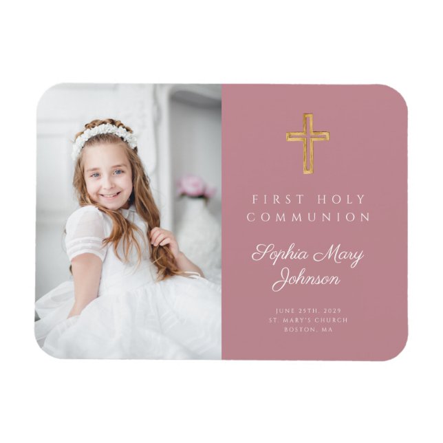 Pink Modern Girl First Heilige Kommunion Foto Magnet (Horizontal)