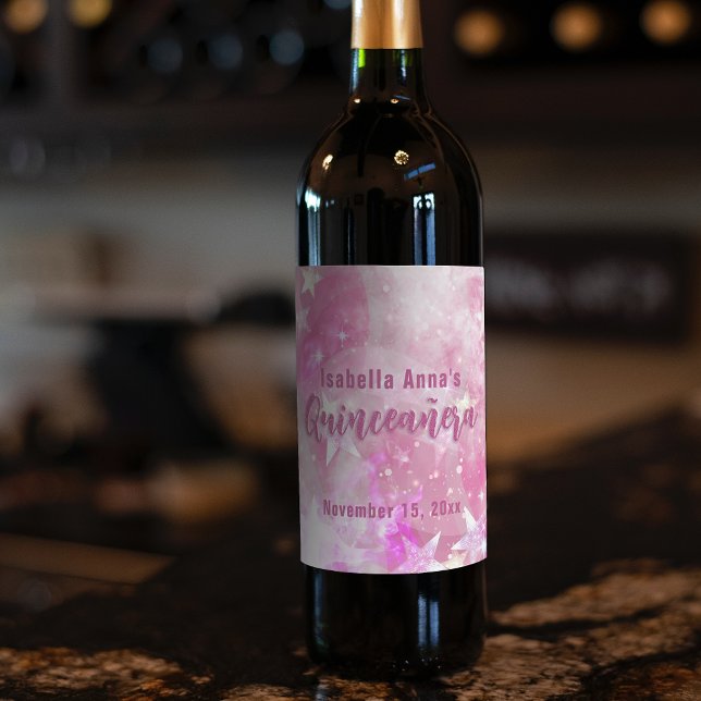 Pink Modern Glaaming Starry Quinceañera Weinetikett (Von Creator hochgeladen)