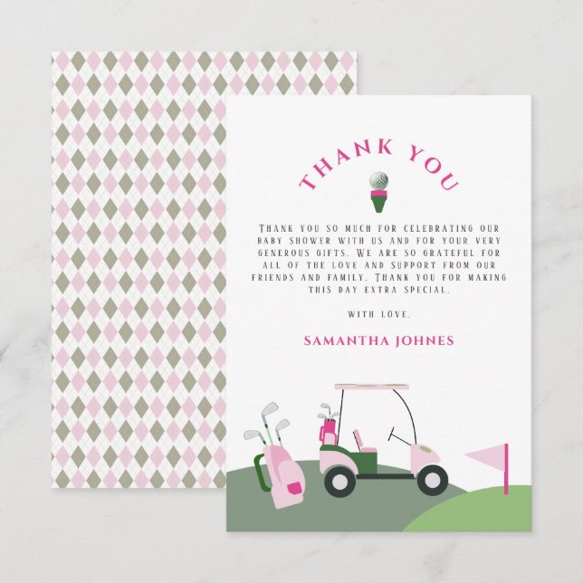 Pink Modern Golf Baby Dusche Dankeskarte (Vorne/Hinten)