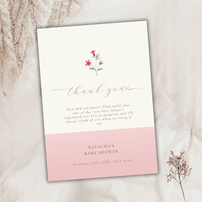 Pink Modern Minimal Boho Wildblume Babydusche Dankeskarte (Pink Modern Minimal Boho Wildflower Baby Shower Thank You Card)